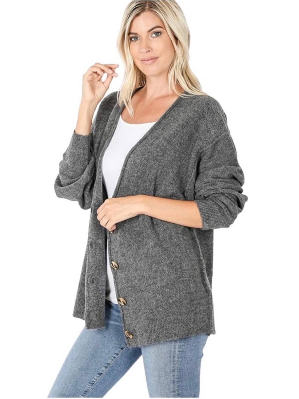 New! Zenana Outfitters Gray Button-Front Women's Cardigan Plus 1X